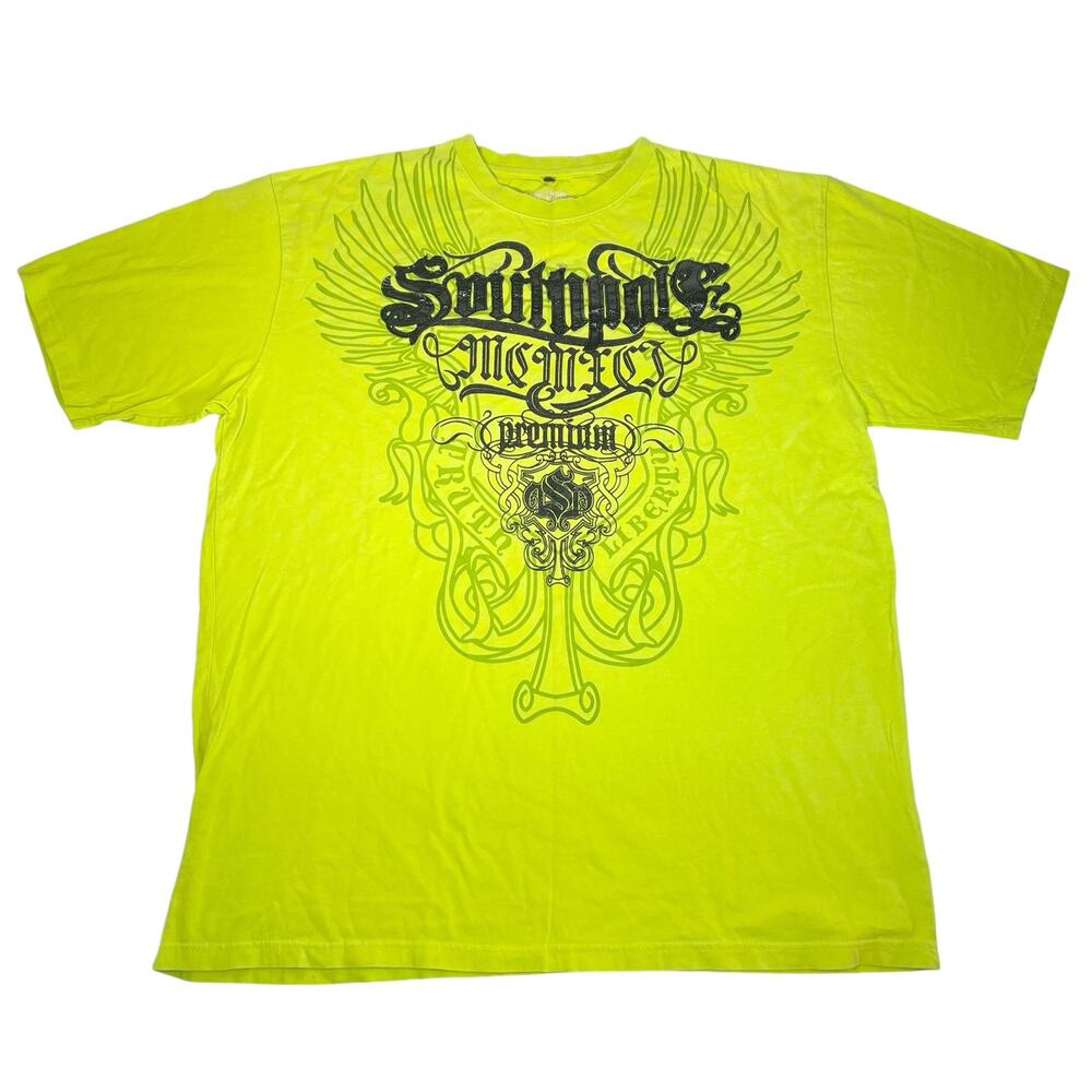 Vintage SouthPole Men's Shirt Size 4XL Y2k Black Spell Out Embellished YllwGreen